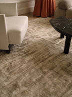 Amara viscose hand-loomed area rug in Olive Brown, lifestyle close-up