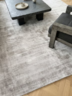 Amara viscose hand-loomed area rug in Pearl, lifestyle close-up