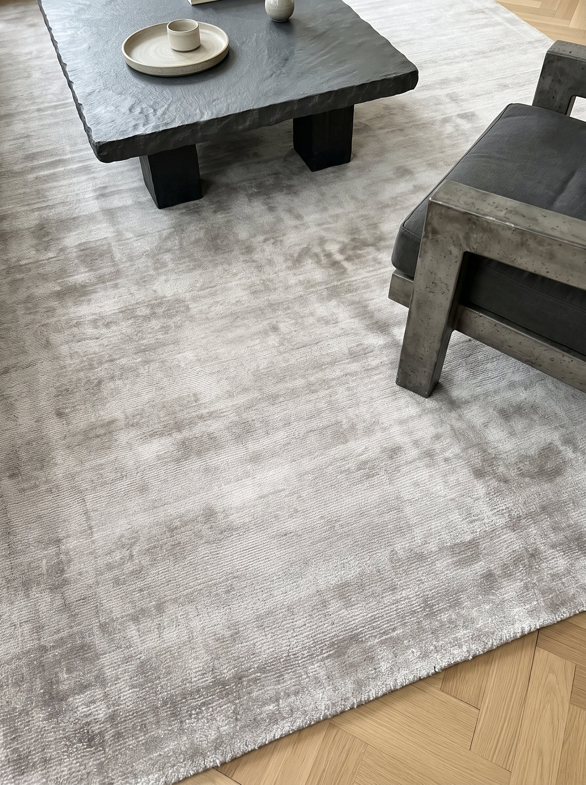 Amara viscose hand-loomed area rug in Pearl, lifestyle close-up