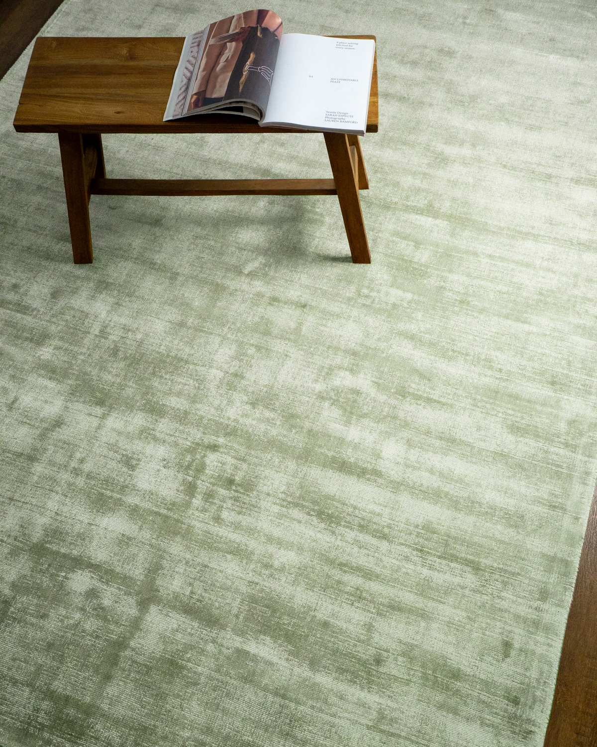 Amara viscose hand-loomed area rug in Sage, styled in a living room