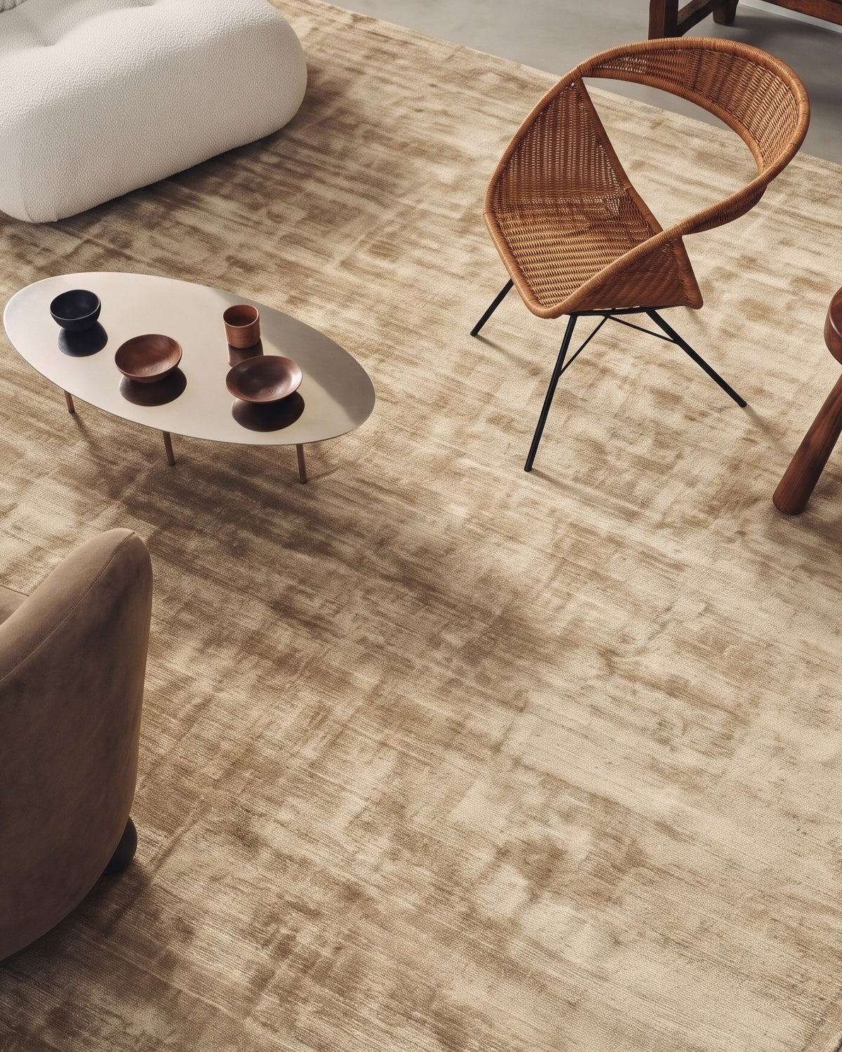 Amara viscose hand-loomed area rug in Shell Beige, lifestyle close-up