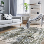 Abstract distressed rug with blue, grey and white textured pattern
