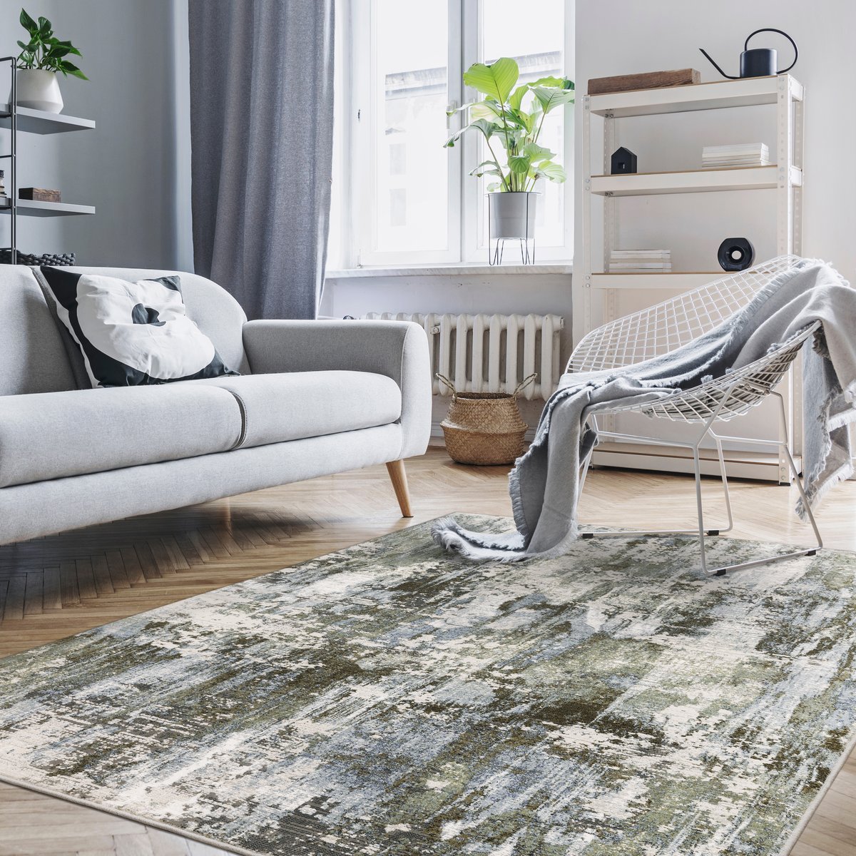 Abstract distressed rug with blue, grey and white textured pattern