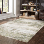 Distressed vintage rug with muted green, beige and grey abstract texture pattern