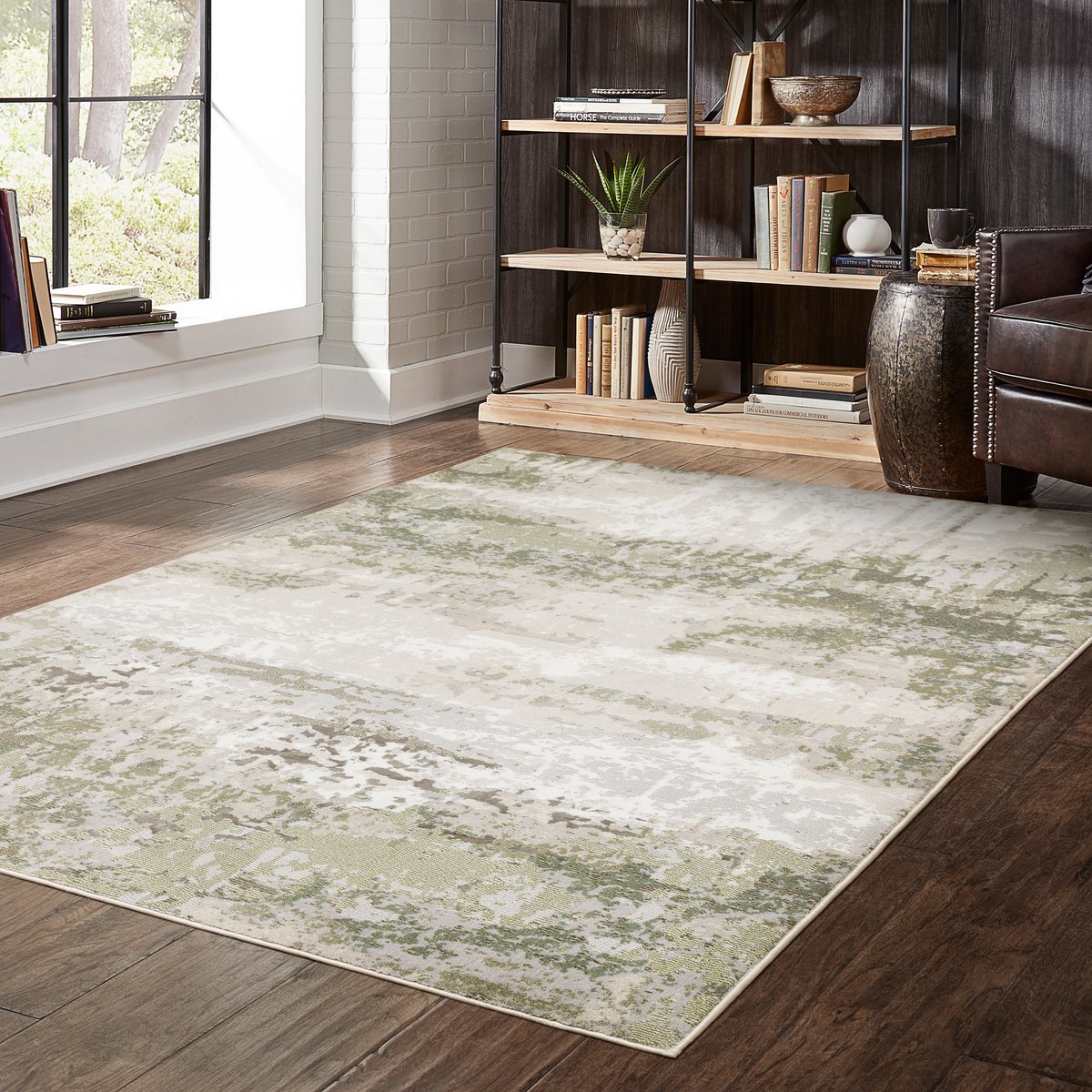 Distressed vintage rug with muted green, beige and grey abstract texture pattern