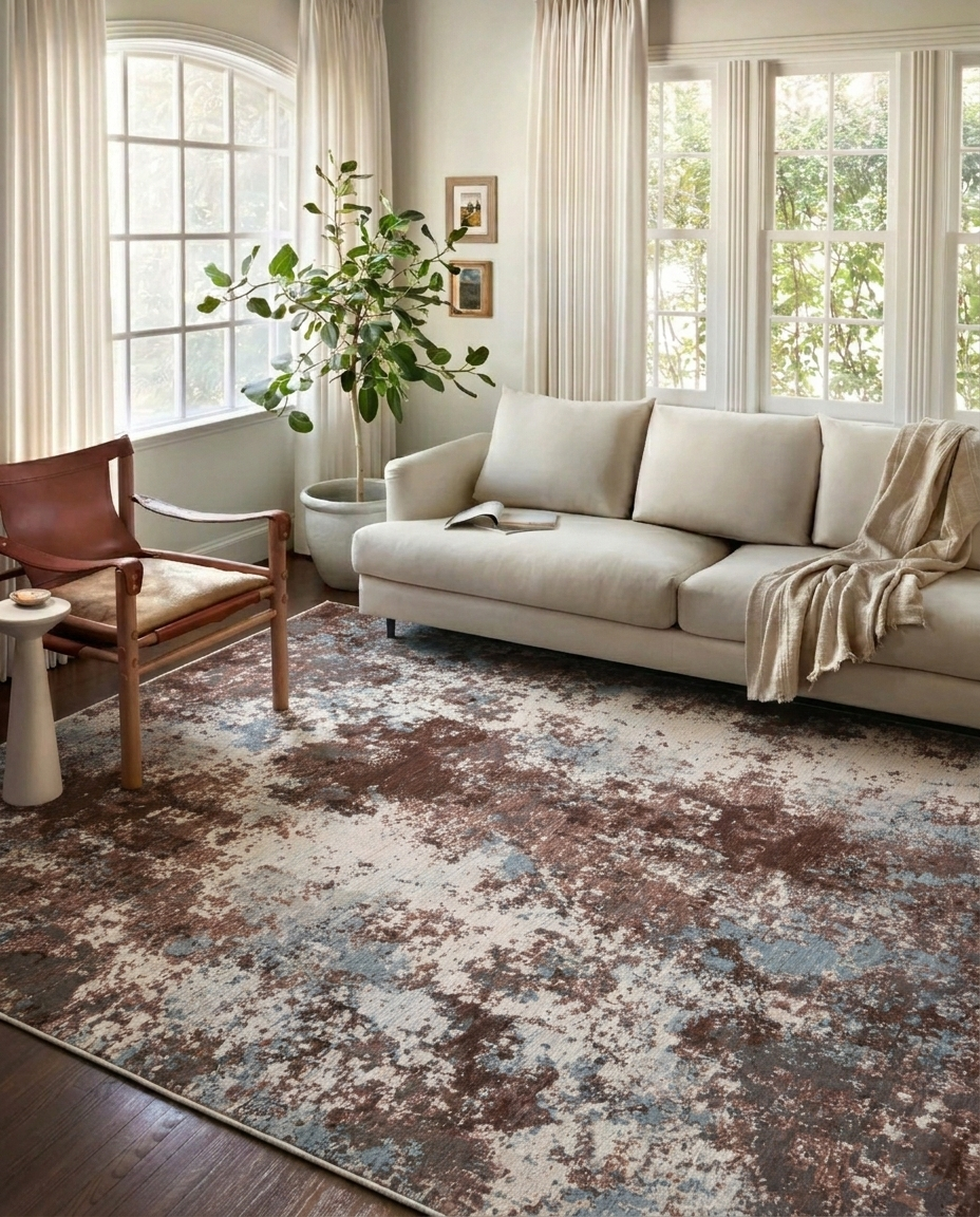 Modern distressed rug with brown, cream and blue abstract texture pattern