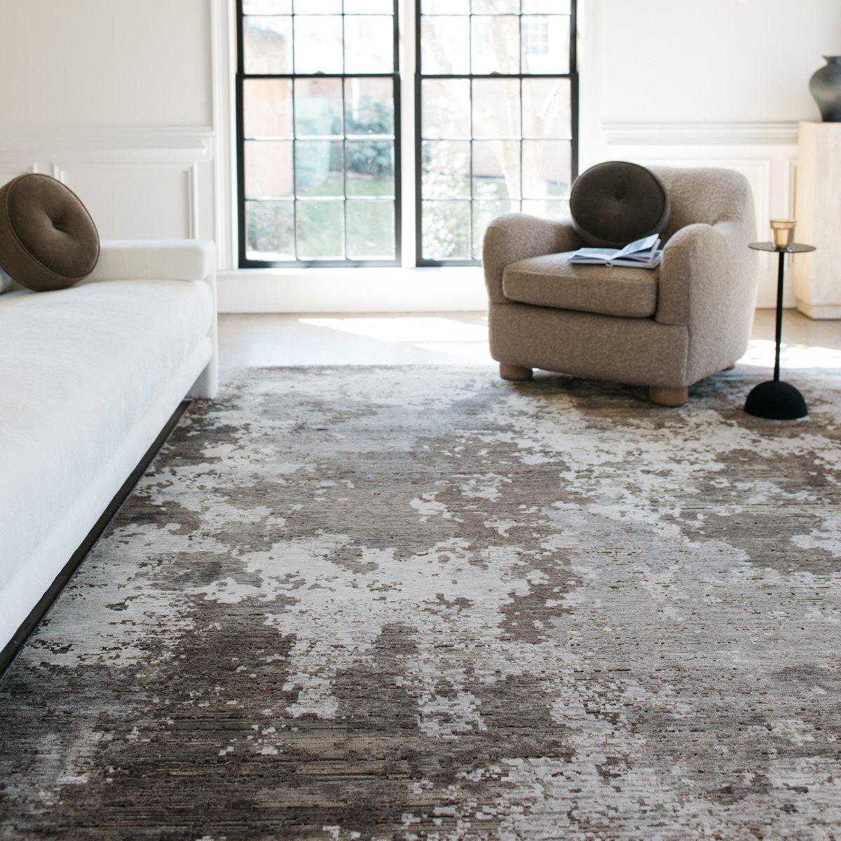 Modern abstract rug with grey and cream distressed pattern texture