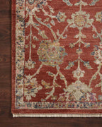 Red and cream vintage patterned runner rug in modern kitchen with wood cabinetry