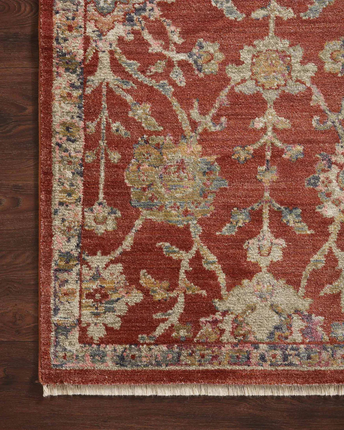 Red and cream vintage patterned runner rug in modern kitchen with wood cabinetry