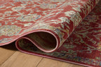 Red and cream vintage patterned runner rug in modern kitchen with wood cabinetry