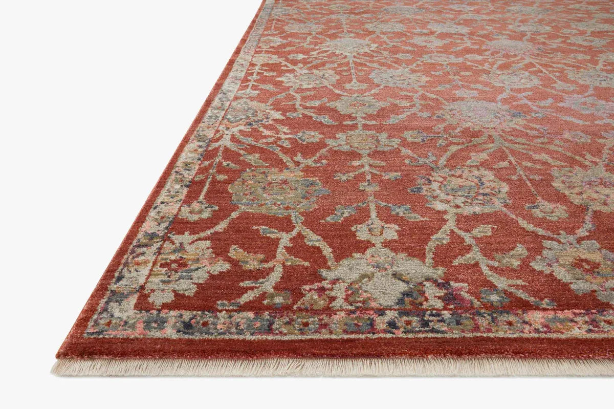 Red and cream vintage patterned runner rug in modern kitchen with wood cabinetry
