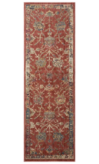 Red and cream vintage patterned runner rug in modern kitchen with wood cabinetry