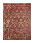 Red and cream vintage patterned runner rug in modern kitchen with wood cabinetry