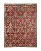 Red and cream vintage patterned runner rug in modern kitchen with wood cabinetry