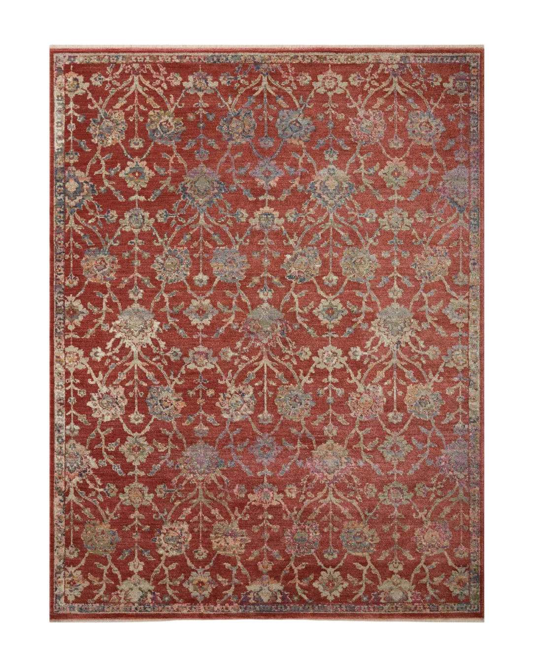 Red and cream vintage patterned runner rug in modern kitchen with wood cabinetry