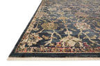 Dark blue traditional rug with ornate floral damask pattern in cream and rose tones