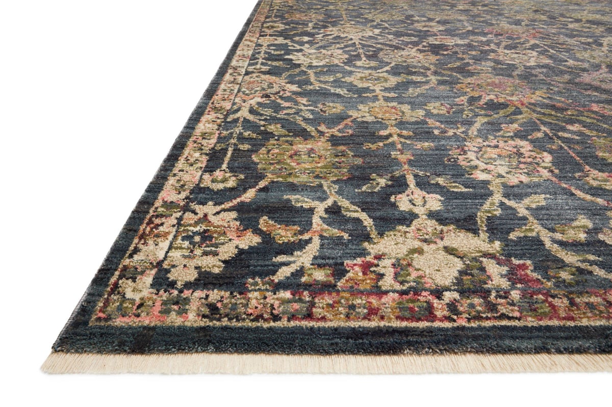 Dark blue traditional rug with ornate floral damask pattern in cream and rose tones