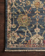 Dark blue traditional rug with ornate floral damask pattern in cream and rose tones