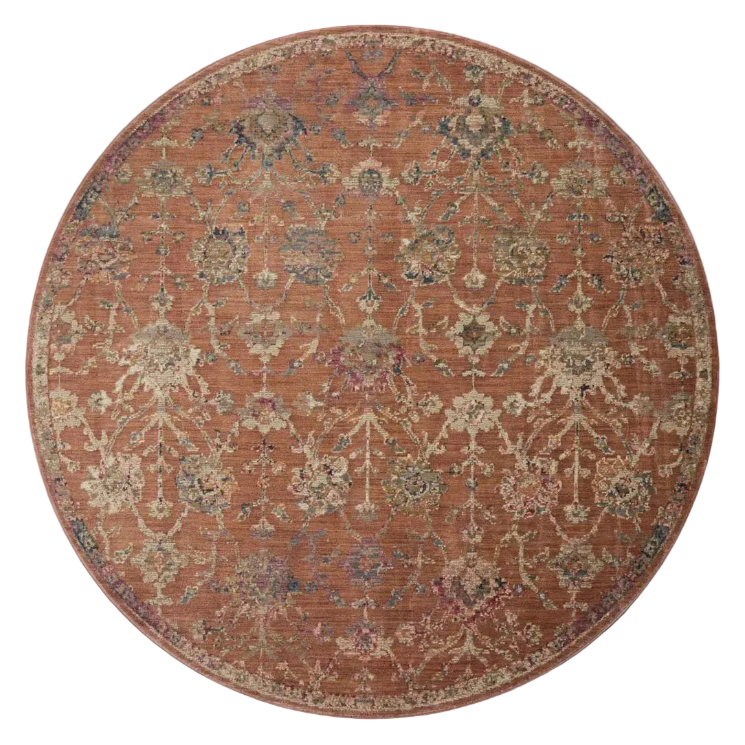 Vintage-style area rug with rust red background and ornate floral damask pattern in cream and blue tones
