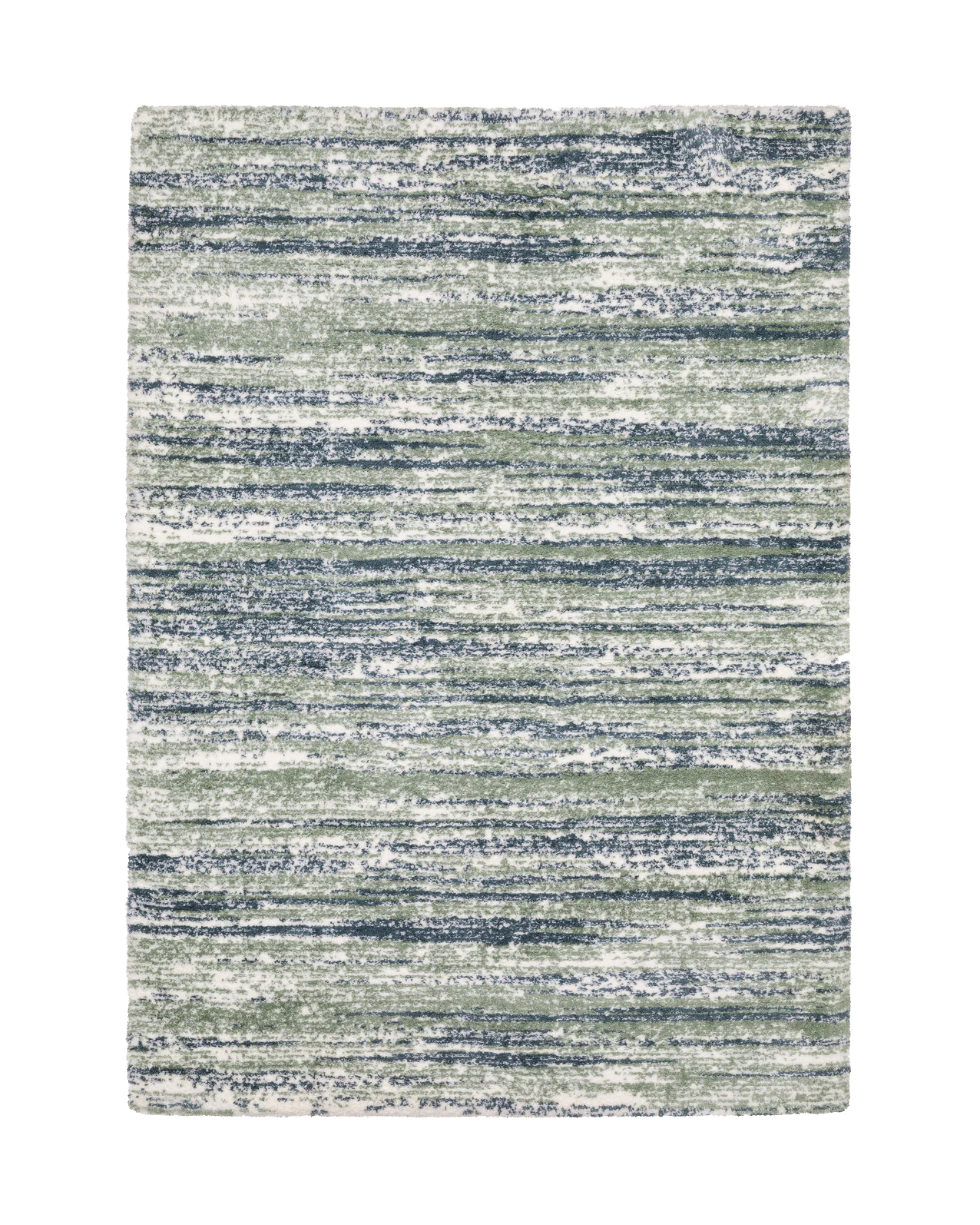 Striped area rug with green, navy and cream horizontal bands in textured weave