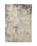 Modern living room with distressed gray and beige area rug under black coffee table