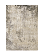 Modern living room with distressed gray and beige area rug under black coffee table