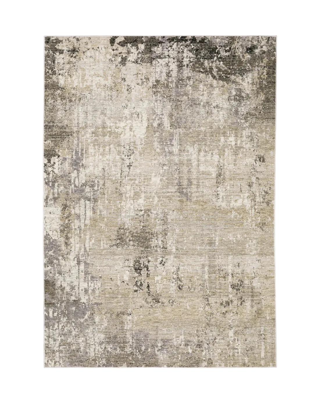 Modern living room with distressed gray and beige area rug under black coffee table