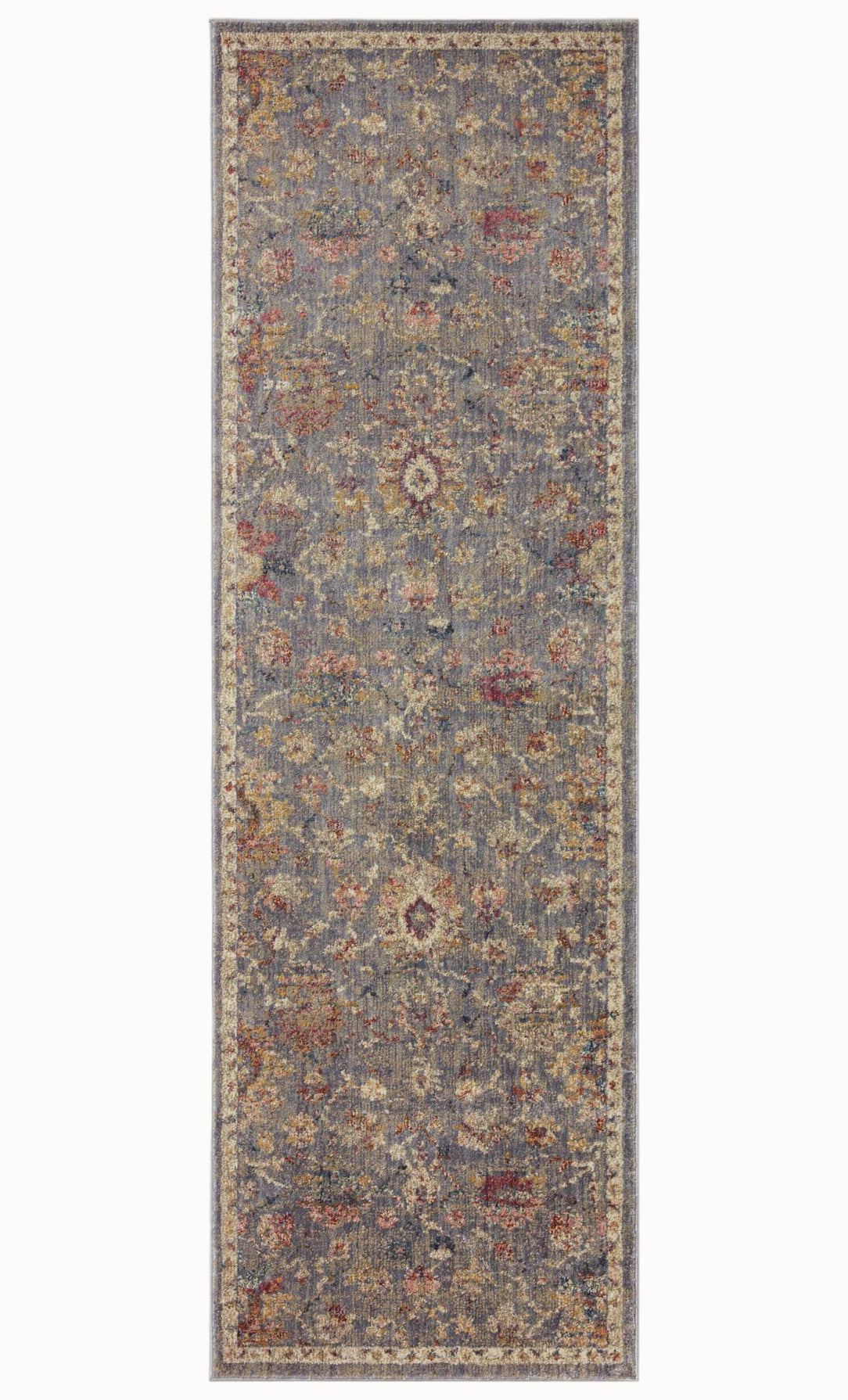 Gray traditional rug with floral pattern and ornate border in rust and gold tones